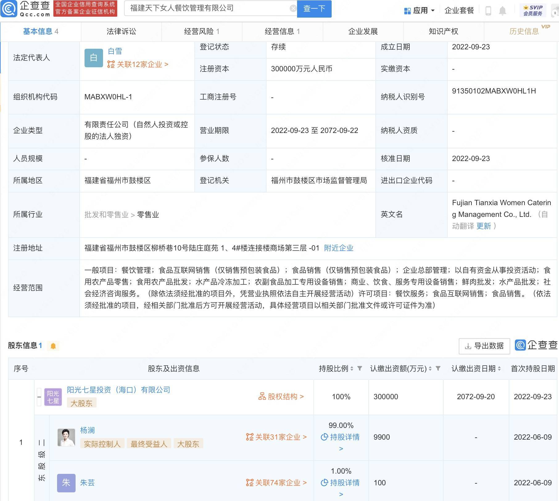 进军餐饮业！杨澜投资设立餐饮公司：注资30亿，间接持股99%