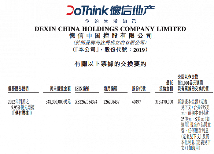 德信中国旗下唯一存续美元债开始交换要约