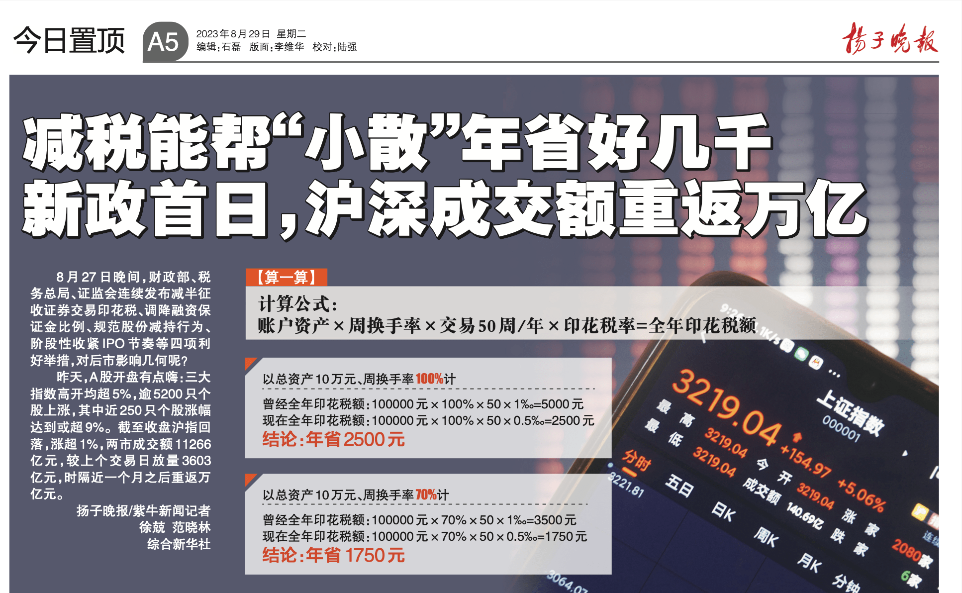 宋清辉：证券交易印花税下调会催生市场明显的短期上涨行情