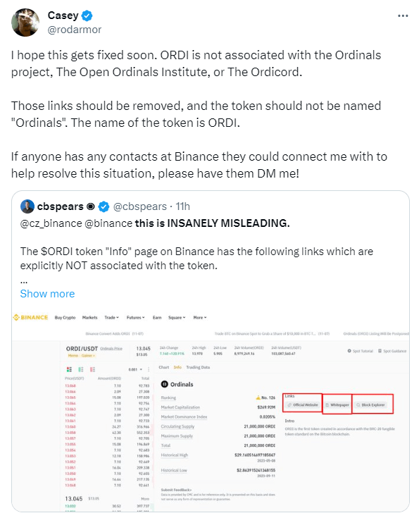 币圈内幕曝光！币安上线 $ORDI 却遭创始人要求删除？