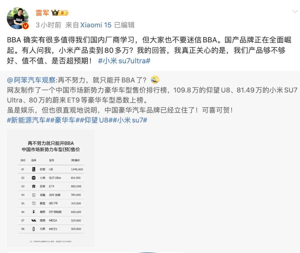 小米汽车卖到80多万<strong></p>
<p>币安的比特币</strong>,网友称再不努力只能开BBA!雷军:不要迷信BBA