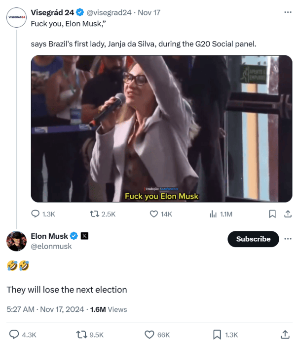 巴西第一夫人:去你X的<strong></p>
<p>币安币商</strong>,马斯克