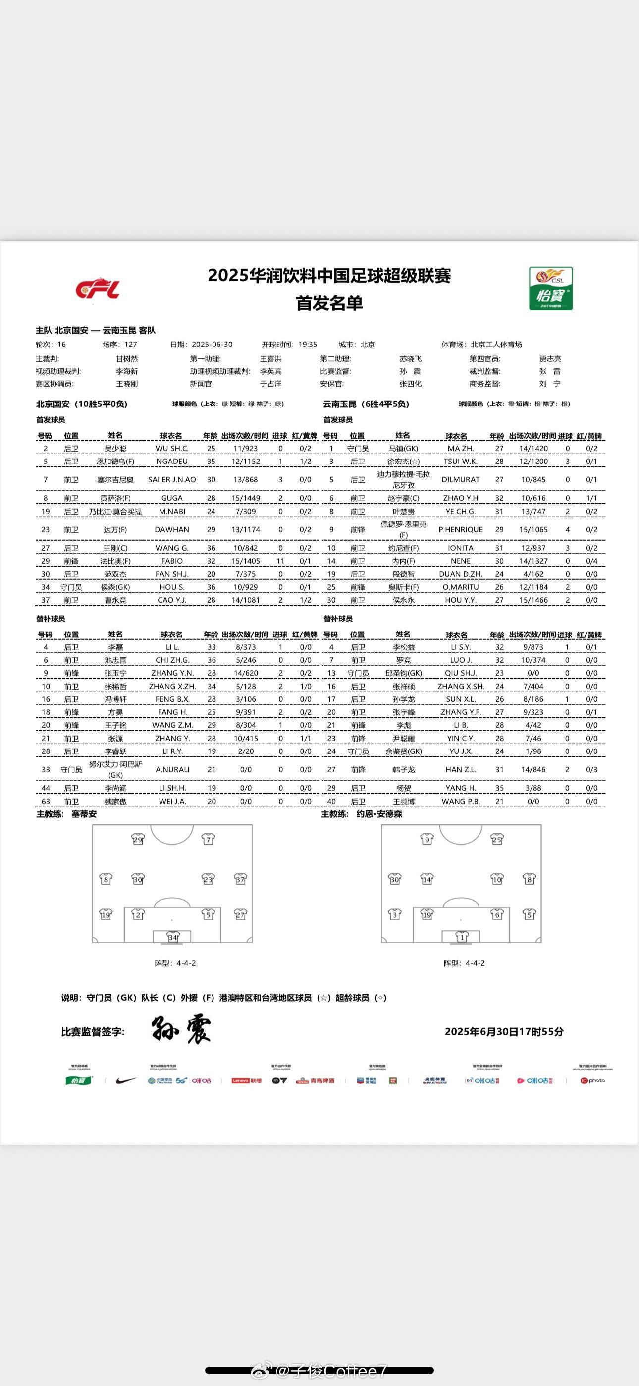 北京国安vs云南玉昆首发出炉